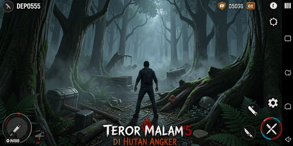 Screenshot gameplay DEPO555 menampilkan suasana menyeramkan di hutan angker.