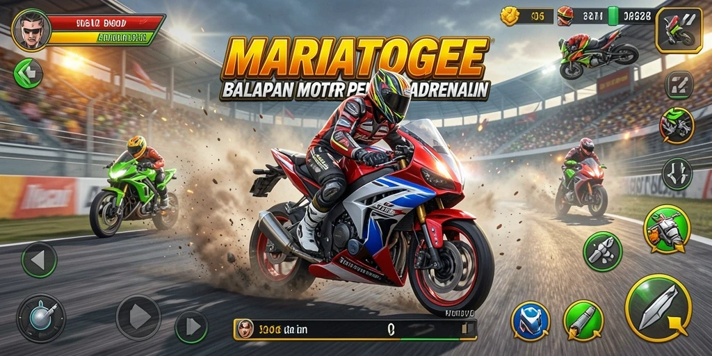 Gameplay MARIATOGEL yang mendebarkan dengan aksi balapan motor.