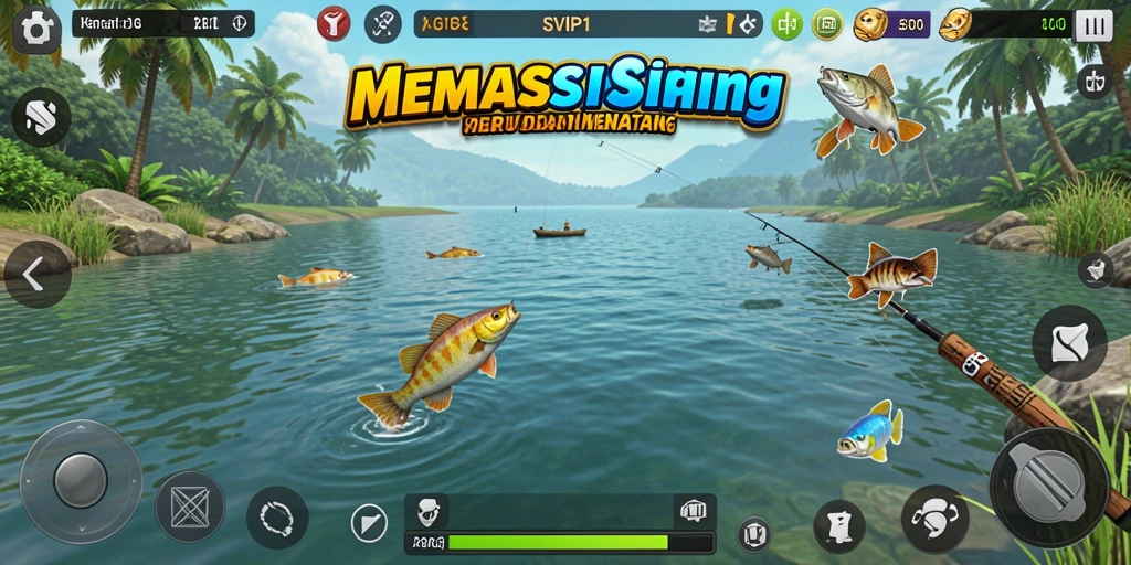 Screenshot gameplay SVIP1 menampilkan aksi memancing yang seru dan berwarna.